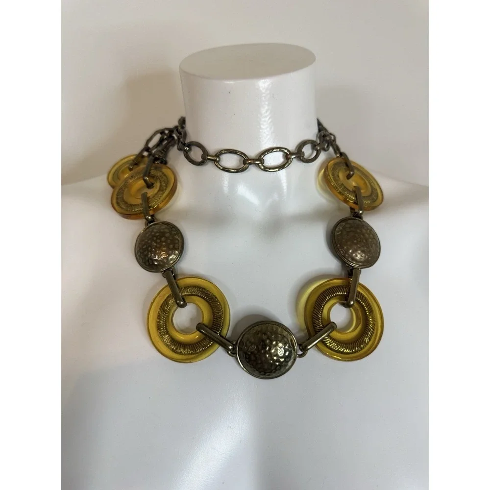 Chicos Metal Yellow Lucite Bronze Medallion‎ Chain Adjustable Belt Necklace 34